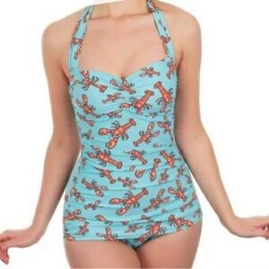 Esther Williams lobster print halter ruched swimsuit - Sz 10